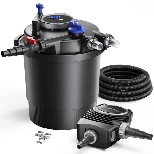SunSun Komplettset: CPF-20000 Teichdruckfilter bis 10000 L mit 11 Watt UV-C Teichklärer, NEO6000 SuperEco Teichpumpe 6000l/h 40W, 5m Teichschlauch 38