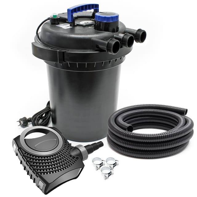 SunSun Komplettset: CPF-250 Teichdruckfilter bis 10000 L Teich mit 11W Teichklärer, NEO6000 SuperEco Teichpumpe 6000l/h 40W, 5m Teichschlauch 38 mm