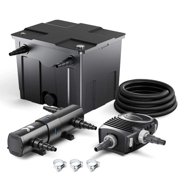 Sunsun Komplettset: Cbf-350 Teichfilter Bis 12000 L Teichfilteranlage Durchlauffilter, Neo8000 Teichpumpe 8000l/h 70w, Cuv-236 Teichklärer 36w, 10m Teichschlauch 38 Mm, Schlauchschellen W1 44-47mm