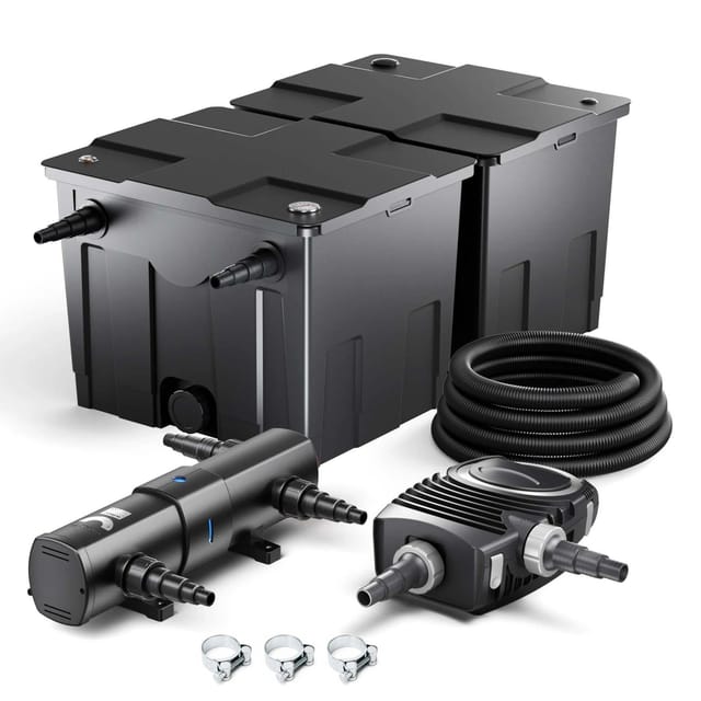 Sunsun Komplettset: Cbf-350b Teichfilter Bis 60000 L Teichfilteranlage Durchlauffilter, Neo8000 Teichpumpe 8000l/h 70w, Cuv-236 Teichklärer 36w, 10m Teichschlauch 38 Mm, Schlauchschellen W1 44-47mm