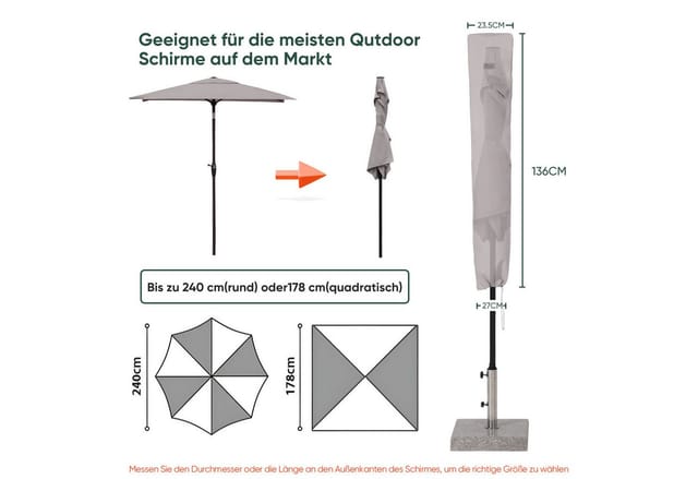 Sonnenschirm Schutzhülle mit Belüftungsöffnungen, UV-Schutz Abdeckhauben für Marktschirm, für ø 300 cm Sonnenschirm