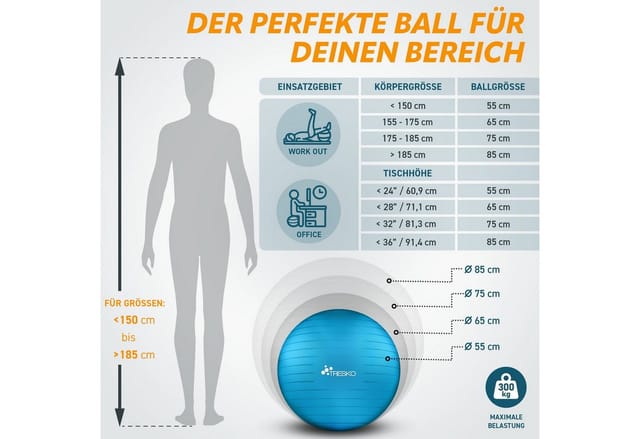 TRESKO Gymnastikball (Blau 55cm) mit Pumpe Fitnessball Yogaball Sitzball Sportball Pilates Ball Sportball