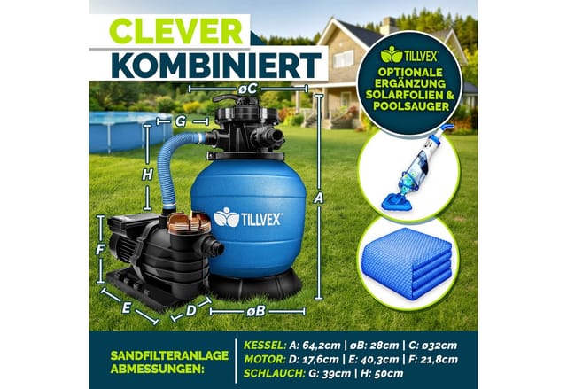 Sandfilteranlage Pool 10 m³/h inkl. 800g Filterbälle blau Filteranlage 7-Wege Ventil & 2in1 Adapter Ø32mm - 38mm Poolfilter mit Druckanzeige