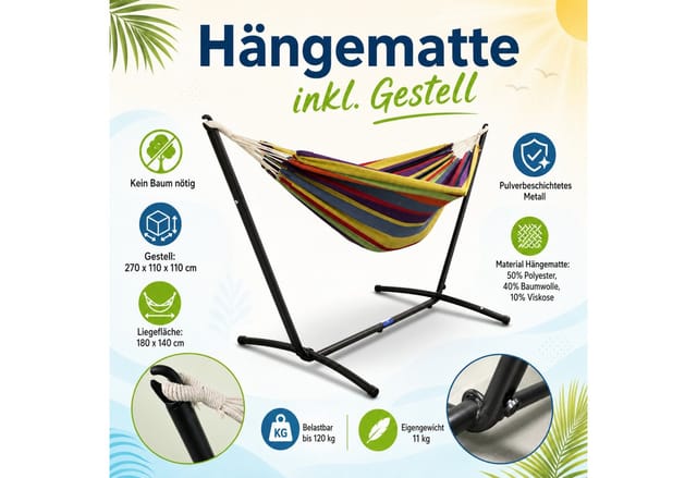 Lacestone - Hängematte mit Gestell Hängeliege Relaxliege Outdoor Indoor 180x140 bis 120Kg Regenbogen