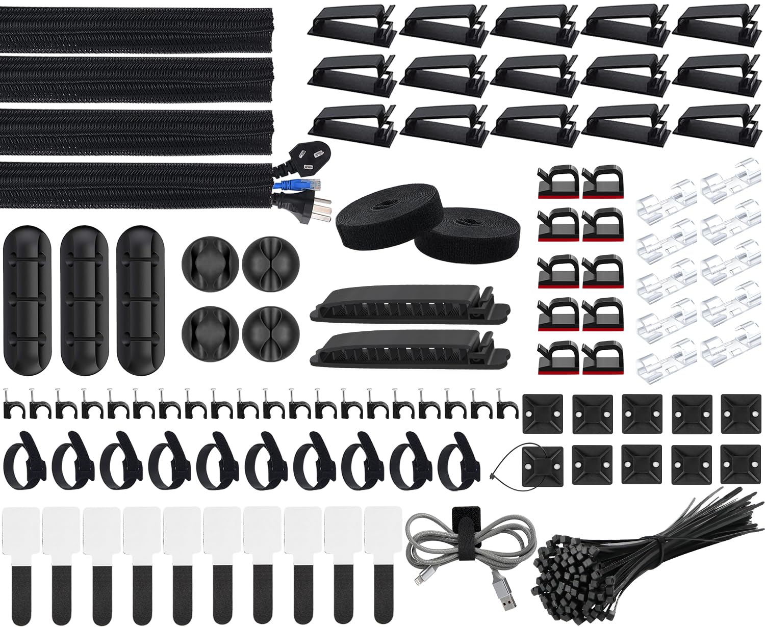 Kabelmanagement-set (200-teilig): 4 Kabelschutzschläuche, 3 Kabelklemmen Für Den Schreibtisch, 12 Kabelbinder (davon 2 Dehnbare), 15 Klebeclips, 100 Kabelbinder.