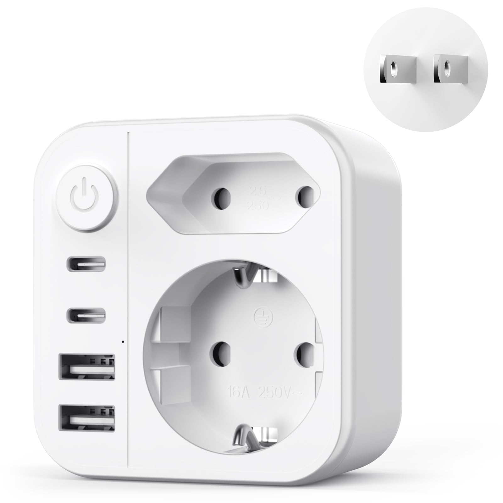 6-in-1-steckeradapter, 2500-w-reiseadapter (mit 2 Usb-c-anschlüssen Und 2 Usb-a-anschlüssen), Mit Dem Sie Einen Schuko-stecker In Einen Typ-a-stecker Umwandeln Können.