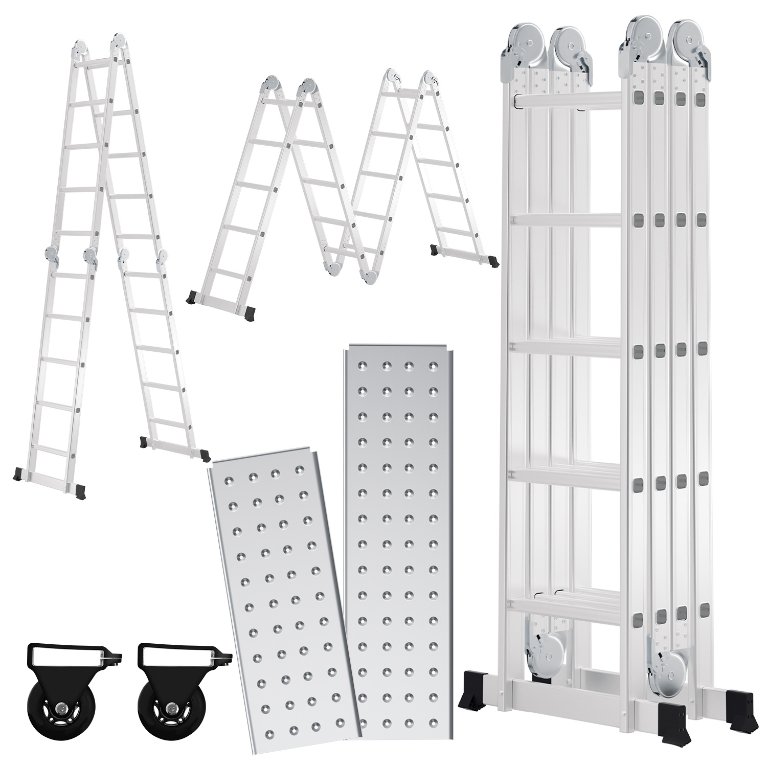 Wolketon Mehrzweckleiter 7in1 Aluminium 4x5 Stufen, Ca. 580cm / 5.8m, Gelenkleiter Klappleiter Mit 2 Plattformen + 2 Rollen, Max. Belastbarkeit 150 Kg