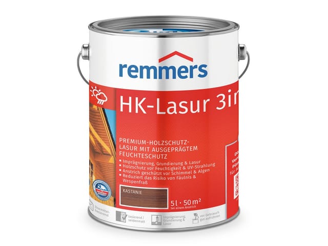 HK-Lasur 3in1 kastanie, 5 Liter, Holzlasur aussen, 3facher Holzschutz mit Imprägnierung + Grundierung + Lasur, Feuchtigkeit- und UV-Schutz - Remmers
