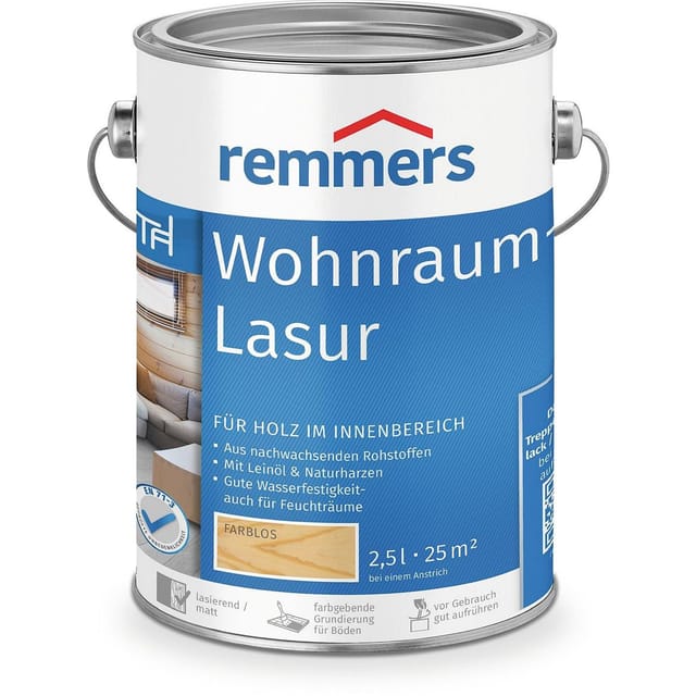 Wohnraum-Lasur farblos, 2,5 Liter, Holzlasur innen, für Möbel, Böden, Innentüren und Treppen geeignet, mit Abperleffekt - Remmers