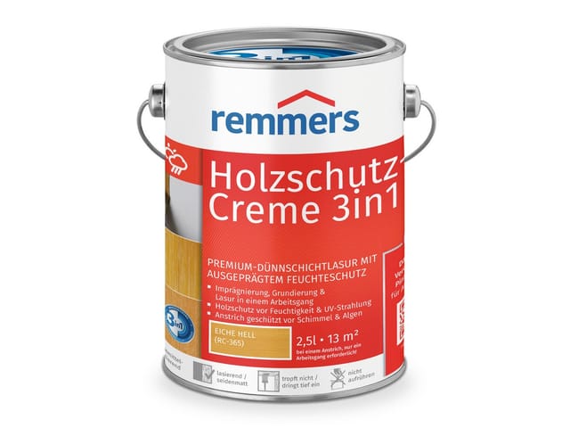 Remmers Holzschutz-Creme 3in1 eiche hell, 2,5 Liter, tropffreie Holzlasur für aussen, 3facher Holzschutz mit Imprägnierung + Grundierung + Lasur
