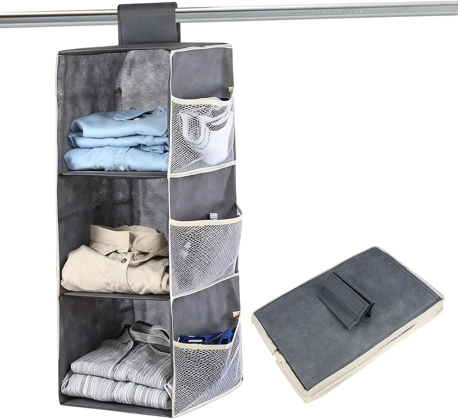 Grauer Hänge-kleiderschrankorganizer, 3 Fächer Mit Seitentaschen, Kleiderschrankregal, Fürs Schlafzimmer