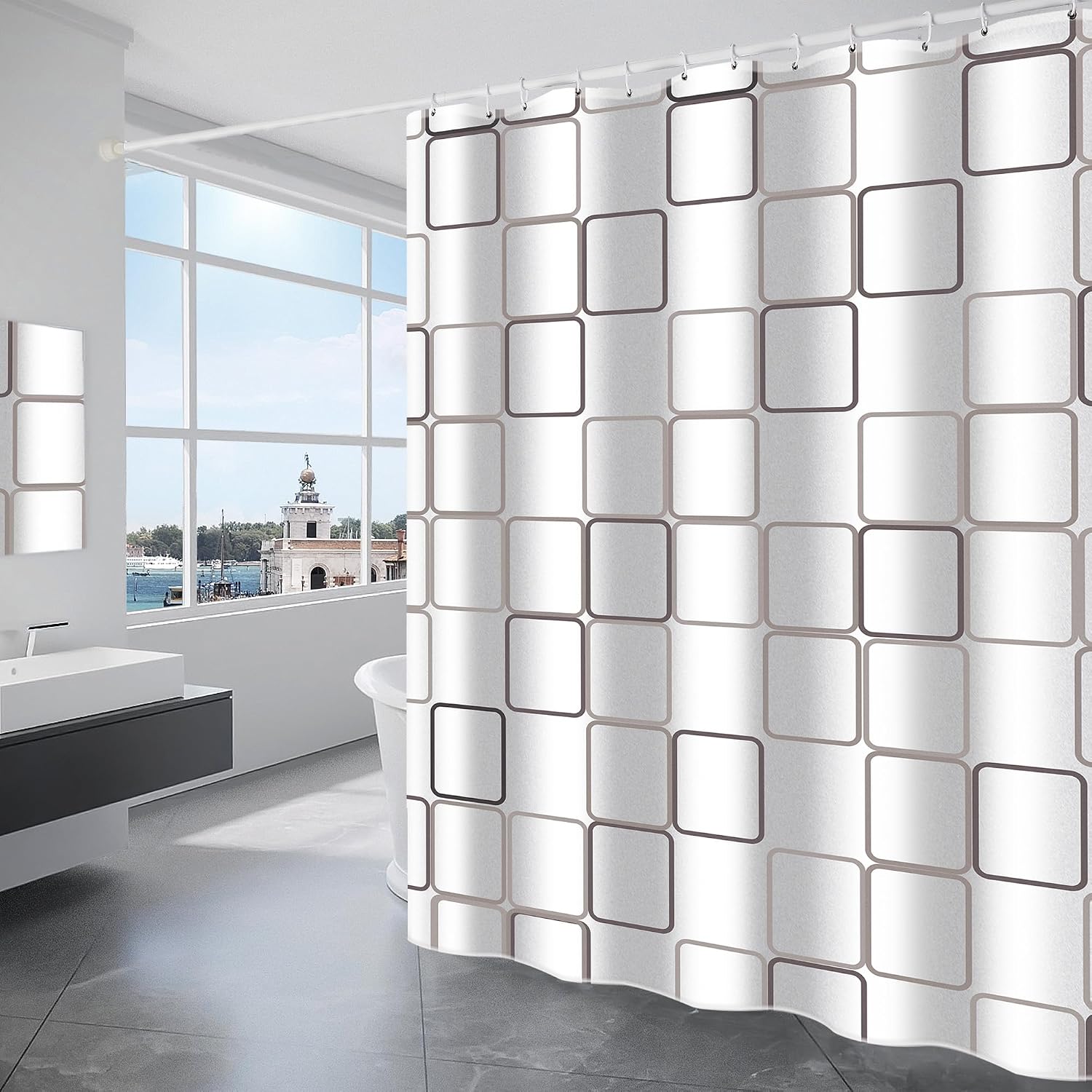 Wasserdichter Duschvorhang Aus Polyester, Maschinenwaschbar, Badezimmervorhang Mit 12 Haken, 180 X 180 Cm, Weiß Kariert