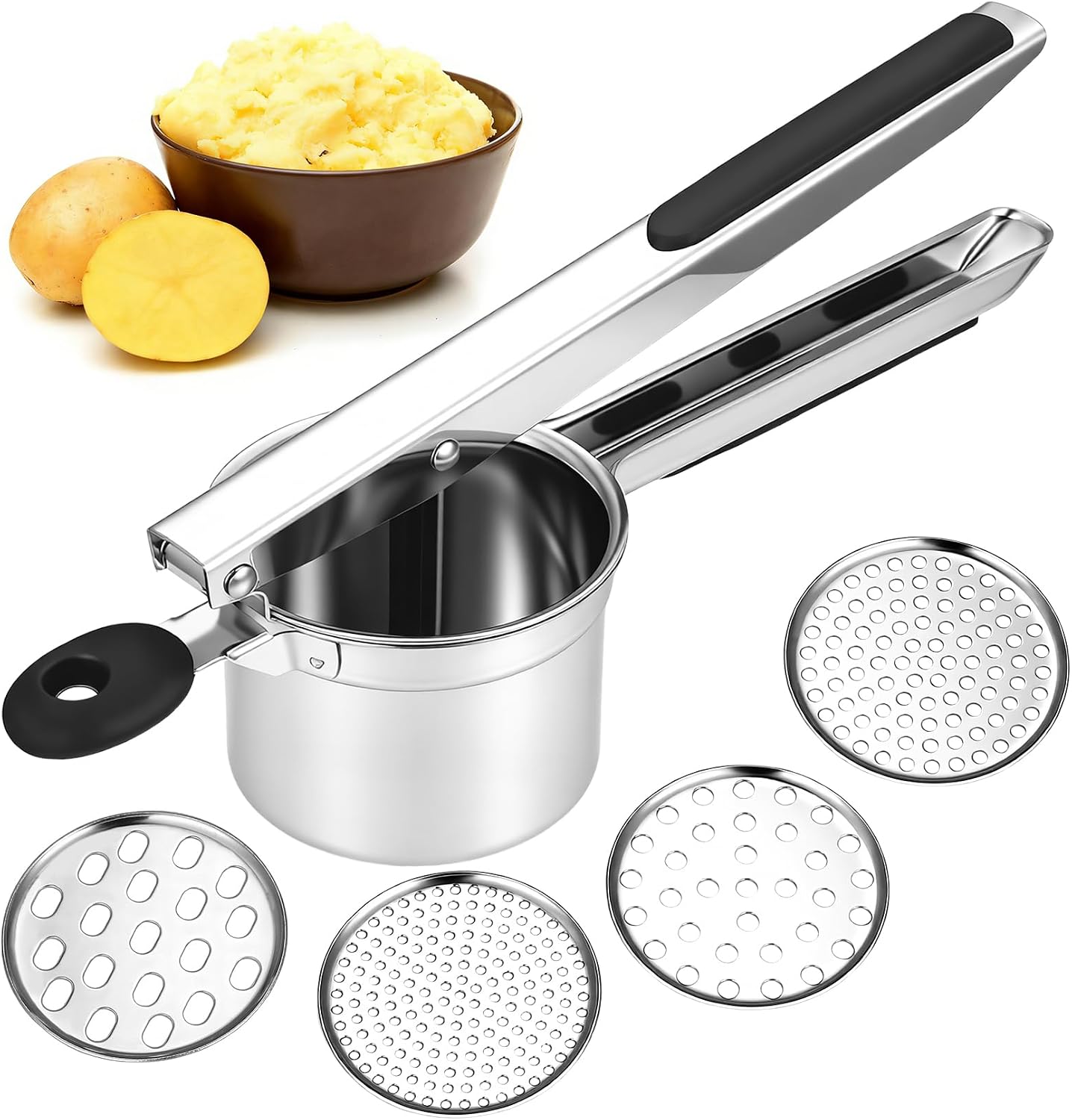 Stück Manueller Kartoffelstampfer, Kartoffelstampfer Aus Edelstahl, Kartoffelzerkleinerer Aus Edelstahl Für Kartoffelpüree, Fruchtsaft, Gemüse, Mit 4 Austauschbaren Scheiben