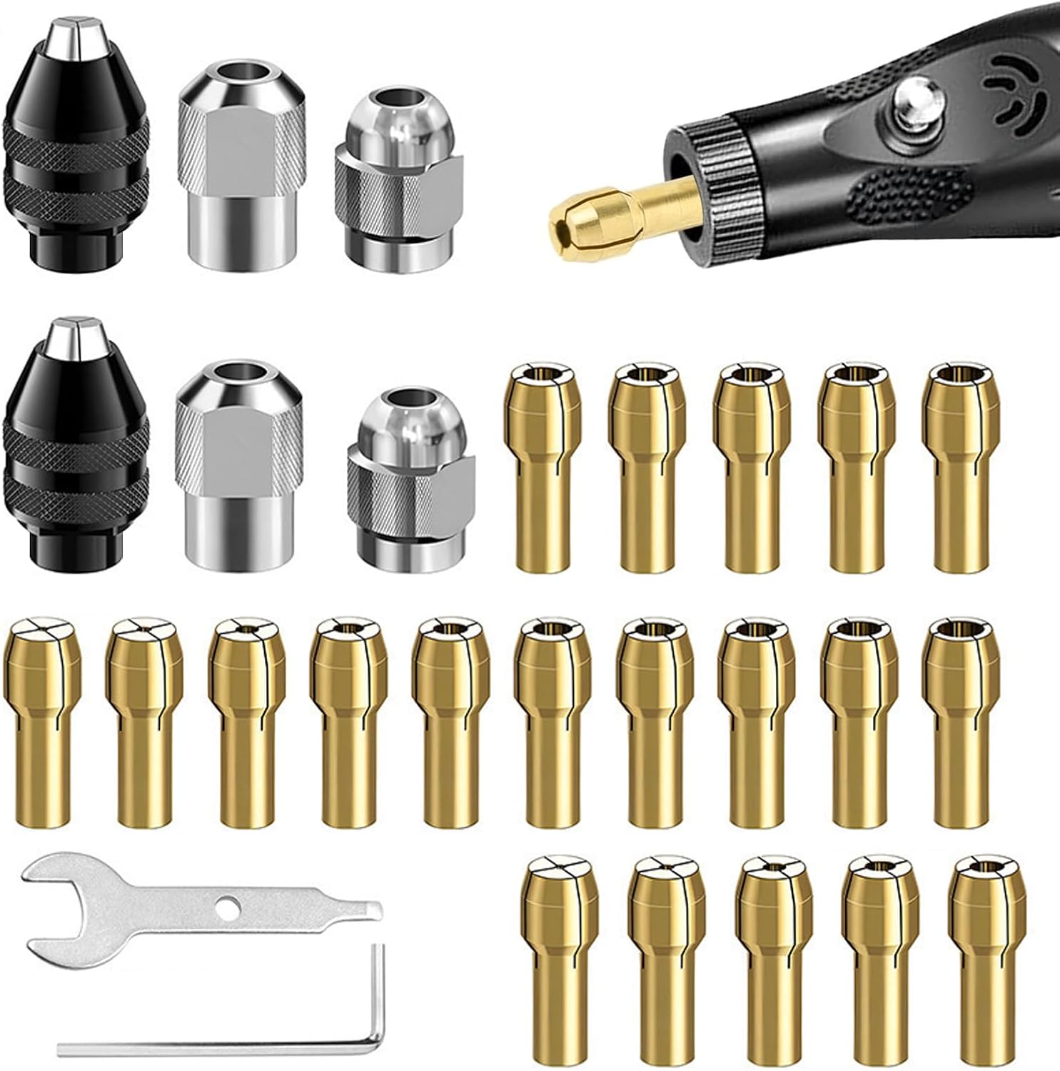 Satz Mit 28 Spannzangen Für Dremel (verschiedene Größen Von 1/32 Bis 1/8 Zoll), Inklusive 2 Dreibackenfutter (modell 4486) Und Schnellwechseladaptern