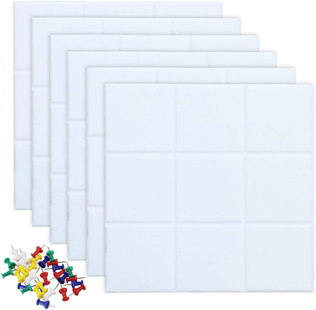 Kork-wandtafel 30 X 30 Cm – 6 Selbstklebende Filzfolien – Pinnwand Mit 30 Reißzwecken Für Büro Und Zuhause, Weiß