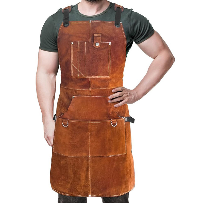 Professionelle Schweißerschürze Aus Leder Für Herren Mit 6 Taschen. Strapazierfähig Und Feuerfest, Ideal Für Schmiede. Maße: 91 X 61 Cm, Braun.