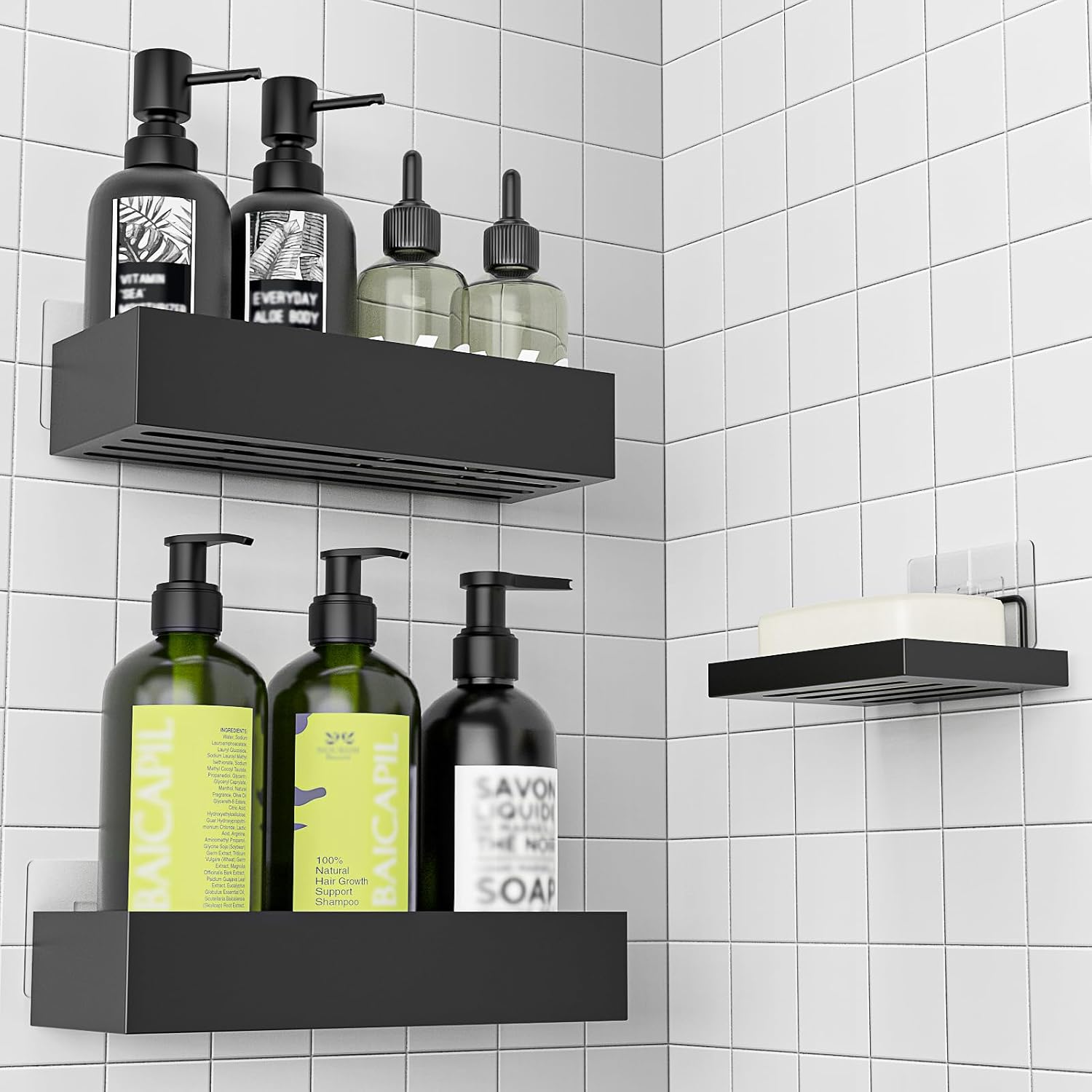Duschkorb Ohne Bohren – 3-teiliger Duschkorb Mit Seifenschale, Shampoohalter Und Duschzubehör, Schwarz