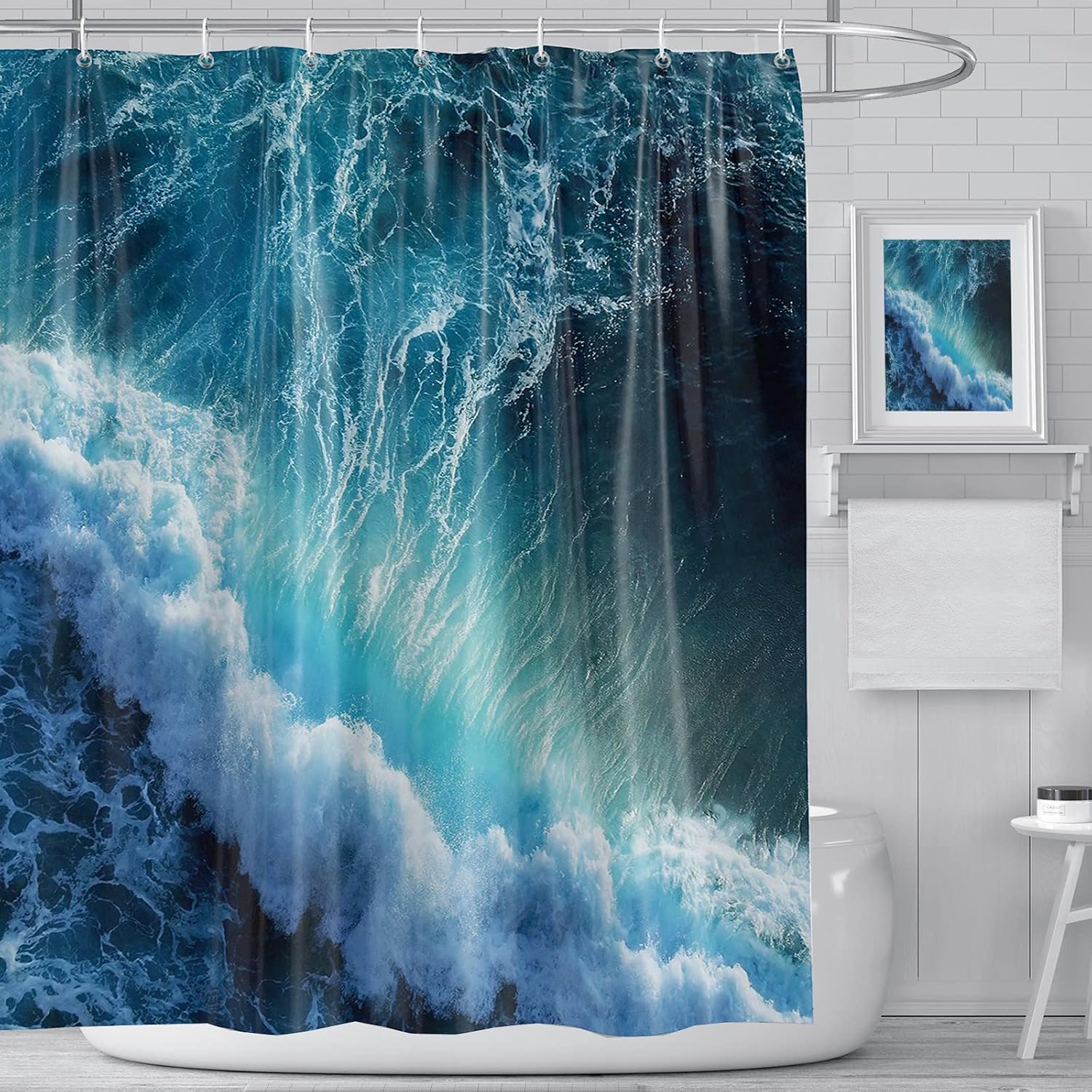 Schimmelresistenter Blauer Duschvorhang Mit 3d-meereswellenmuster, 12 Haken, 180 X 180 Cm, Für Badezimmer, Duschraum, Badewanne