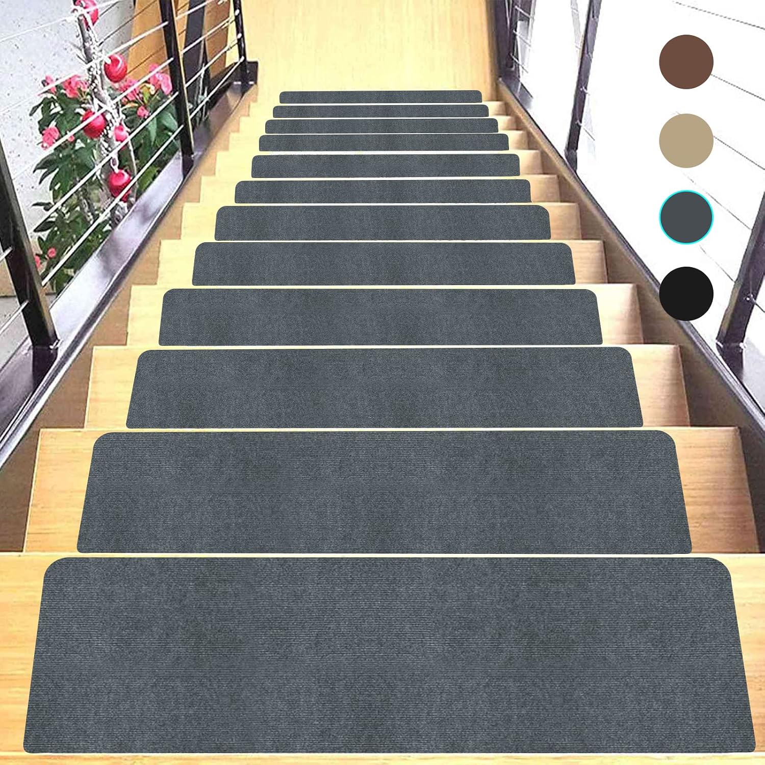 15-teiliges Treppenstufen-set Aus Holz (76 Cm X 20 Cm), Rutschfeste Teppichstufen, Wendeltreppen-set Aus Teppich – Schwarz