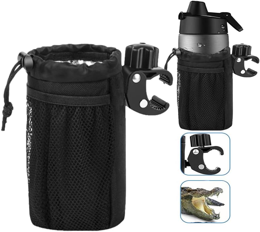 Motorrad-getränkehalter Mit Krokodilklemme – Universeller Flaschenhalter Für Fahrrad, Roller, Golfwagen Und Strand – Zubehör Mit Netztasche Und Kordelzug (1 Stück, Schwarz)