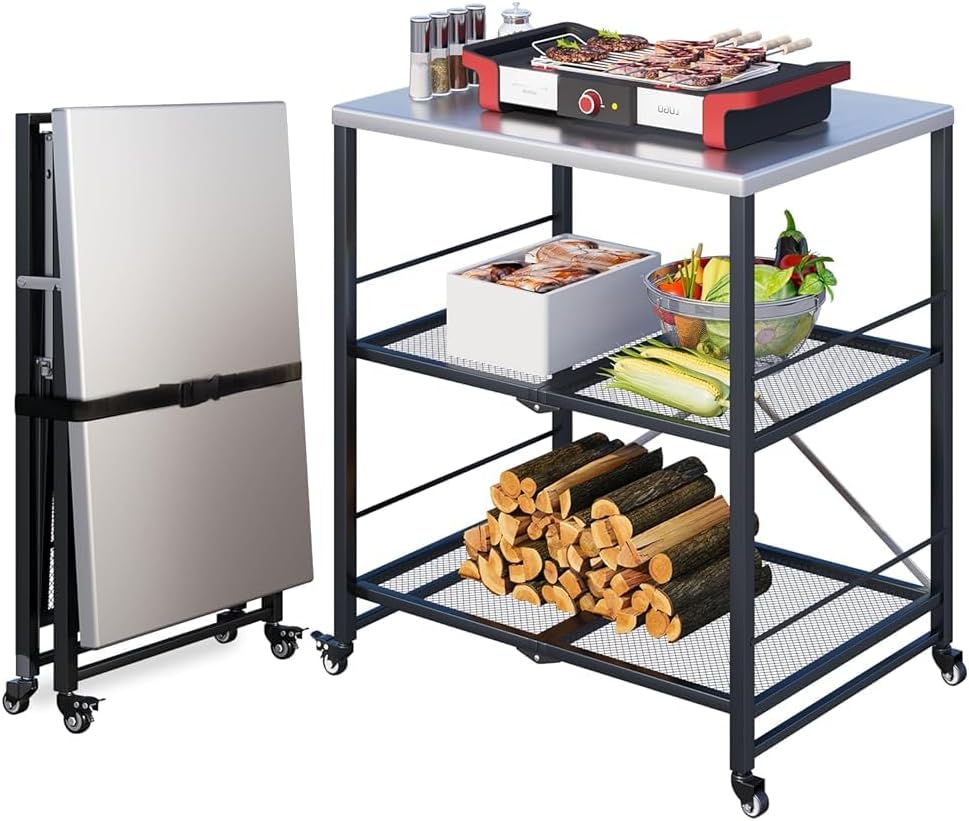 Yodolla Grillwagen Outdoor – 3-stufiger Gartenwagen, Silber,bestehend Aus Einem Klappbaren Edelstahltisch Auf Rollen, Mobiler Bbq-ständer & Servierwagen Für Garten