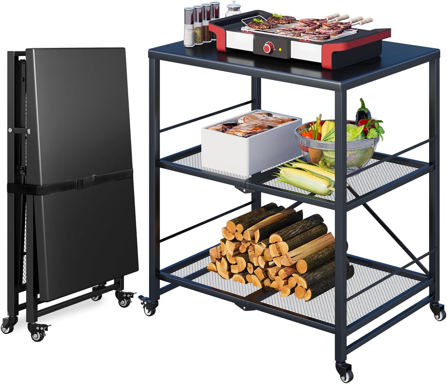 Yodolla Grillwagen Outdoor – 3-stufiger Gartenwagen, Schwarz,bestehend Aus Einem Klappbaren Edelstahltisch Auf Rollen, Mobiler Bbq-ständer & Servierwagen Für Garten