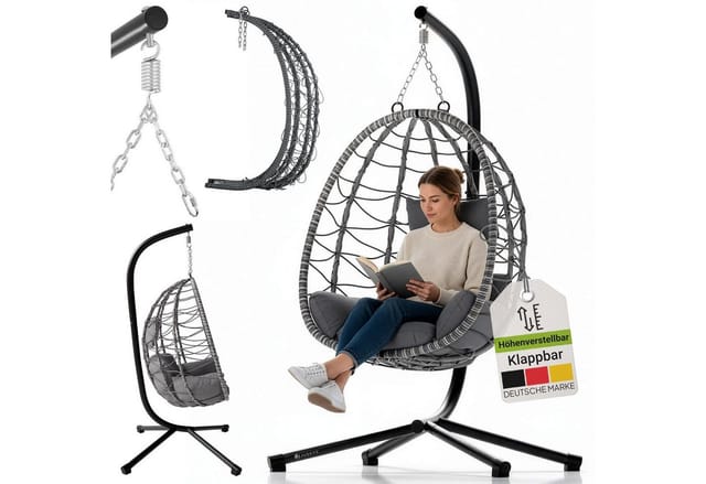 Hängesessel Aria mit Kissen - höhenverstellbar & faltbar - Polyrattan Hängeschaukel Outdoor & Indoor - Korbhängesessel bis 130kg Dunkelgrau - Juskys