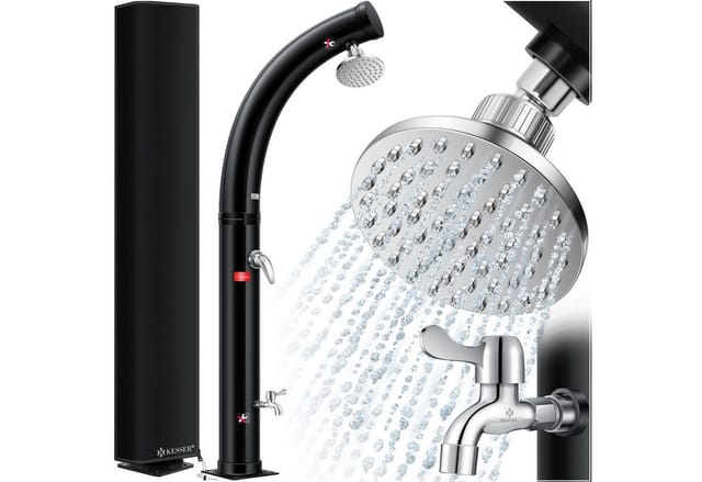 Solar Gartendusche Solardusche Bogen Inkl. Metall-Duschablage + Schutzhaube warmes Wasser 20 Liter max. 60°C Pooldusche Camping Schwarz 35 Liter