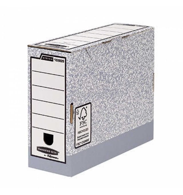 Fellowes - Archivschachtel ® System 11,1 x 26,5 x 32,7 cm (b x h x t) din A4 mit Archivdruck Karton 100 % recycelt grau/weiß