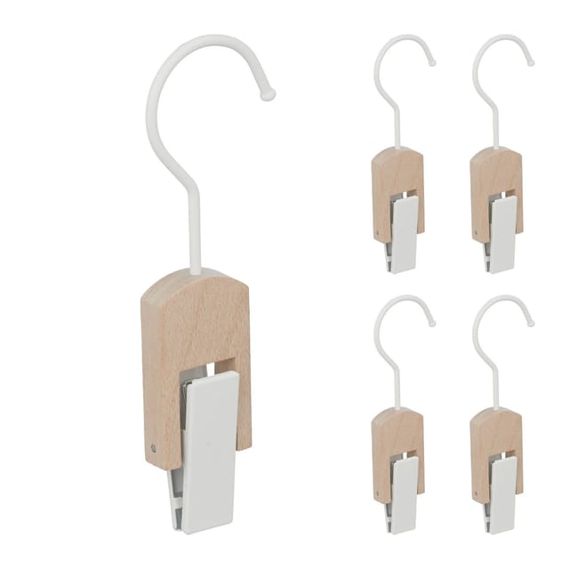 Stiefelhaken 5er Set, Eisen & Holz, Klemmhaken zum Aufhängen, gummierte Clips, Haken mit Klammer, weiß/natur - Relaxdays