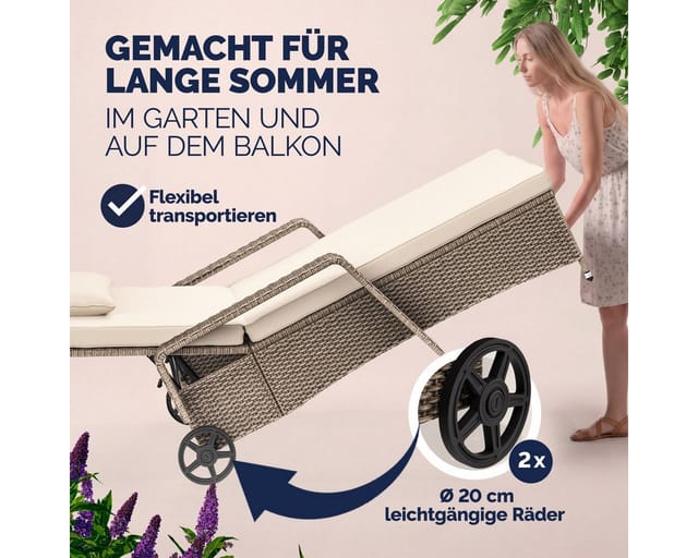 Sonnenliege Mit Rollen 7cm Auflage Extra Breit 90cm Gartenliege Wetterfest 165kg Belastbar Verstellbar Terrasse Balkonmöbel Liegestuhl Creme Creme - Casaria