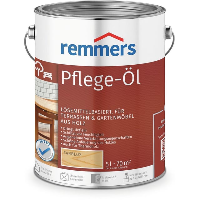 Pflege-Öl farblos, 5 Liter, Holzöl für Holz innen und außen, wasserabweisend, wetterfest, für Gartenmöbel und Holzterrassen geeignet - Remmers