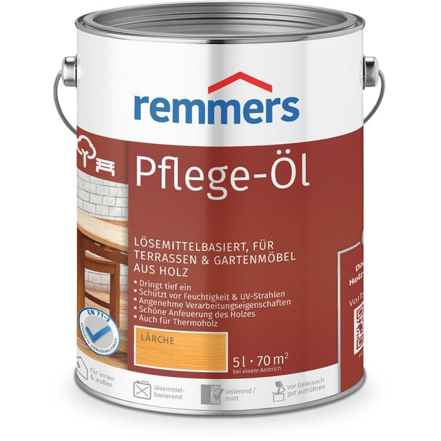 Pflege-Öl lärche, 5 Liter, Holzöl für Holz innen und außen, wasserabweisend, wetterfest, für Gartenmöbel und Holzterrassen geeignet - Remmers