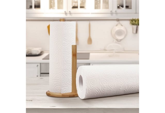 Relaxdays - Küchenrollenhalter stehend, Bambus, Rollenhalter mit Abrollstopp, HxD: 28 x 14,5cm, Küchenrollenständer, natur