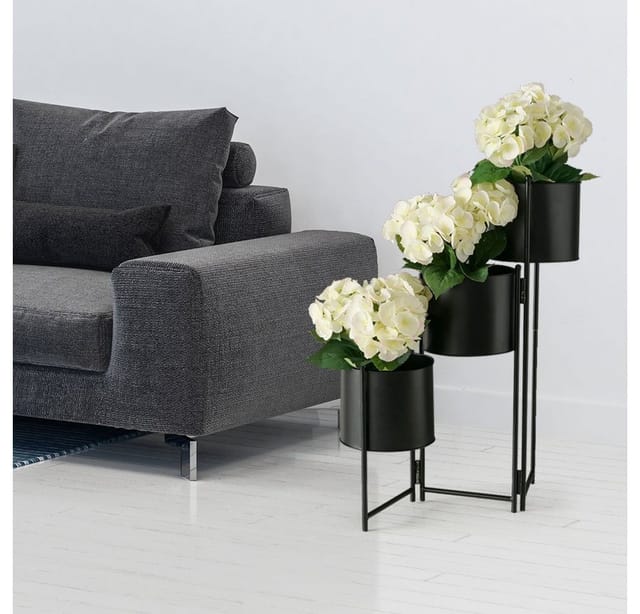 Boltze Gruppe - Pflanzenständer Blumentopfhalter 3 Behälter Wohnraumdeko Accessoire, Pflanzenbehälter modern, Eisen schwarz, rund, LxBxH 51x18x64 cm