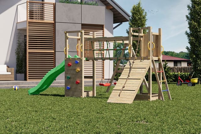 Fungoo - Spielturm 'Maxi Funny', natur, mit Doppelschaukel, Rutsche, Verbindungselement, Kletterwand und Rampe