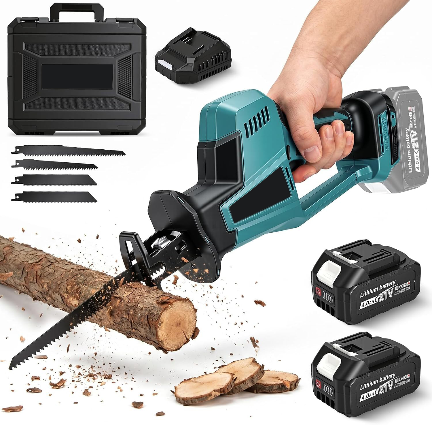 Säbelsäge Mit 2 X 4,0ah Akkus, 3100 Hübe/min Bürstenloser Motor, 22 Mm Hub, Kompatibel Mit Makita 18v Akku, Stufenlose Geschwindigkeit, Werkzeugloser Sägeblattwechsel, Akku Tigersäge Für Holz,