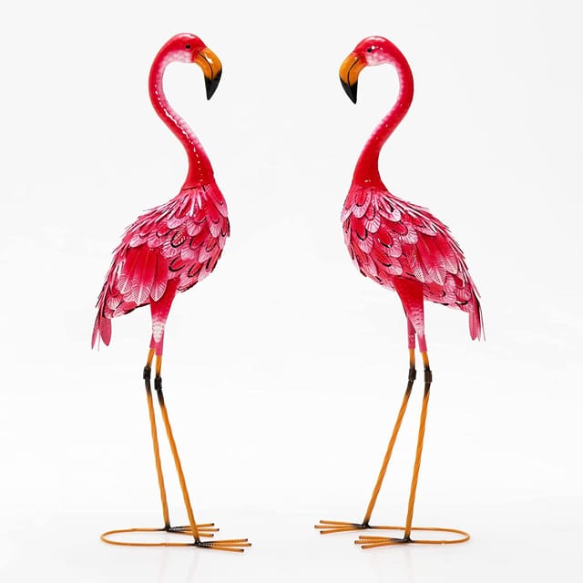 Costway - 2er Set Flamingo Gartenstatuen, Gartenfigur Aus Metall, Outdoor Skulptur Hofkunst, Flamingo-dekoration Für Terrasse Rasen Hinterhof, Gartendeko Teichfigur, Metallfigur Rosa