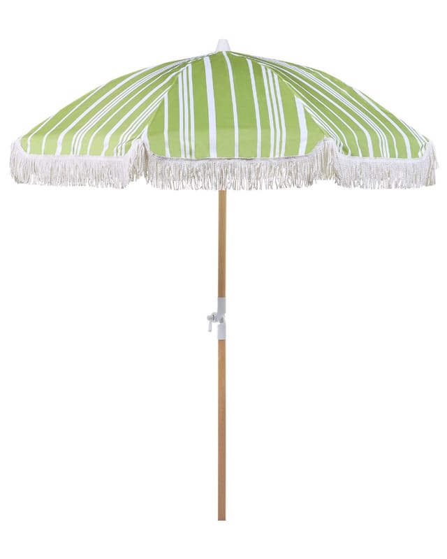 Sonnenschirm Grün Stoff-Bespannung Rund ⌀ 150 cm mit Volant Regenschutz Holzmast Neigungsfunktion Kurbel Boho Garten Outdoor Balkon Terrasse