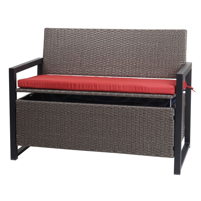 Poly-Rattan 2er Sitzbank HHG-564, Gartenbank Truhenbank, Staufach Aufbewahrung Sitzkissen grau-meliert, Kissen rot
