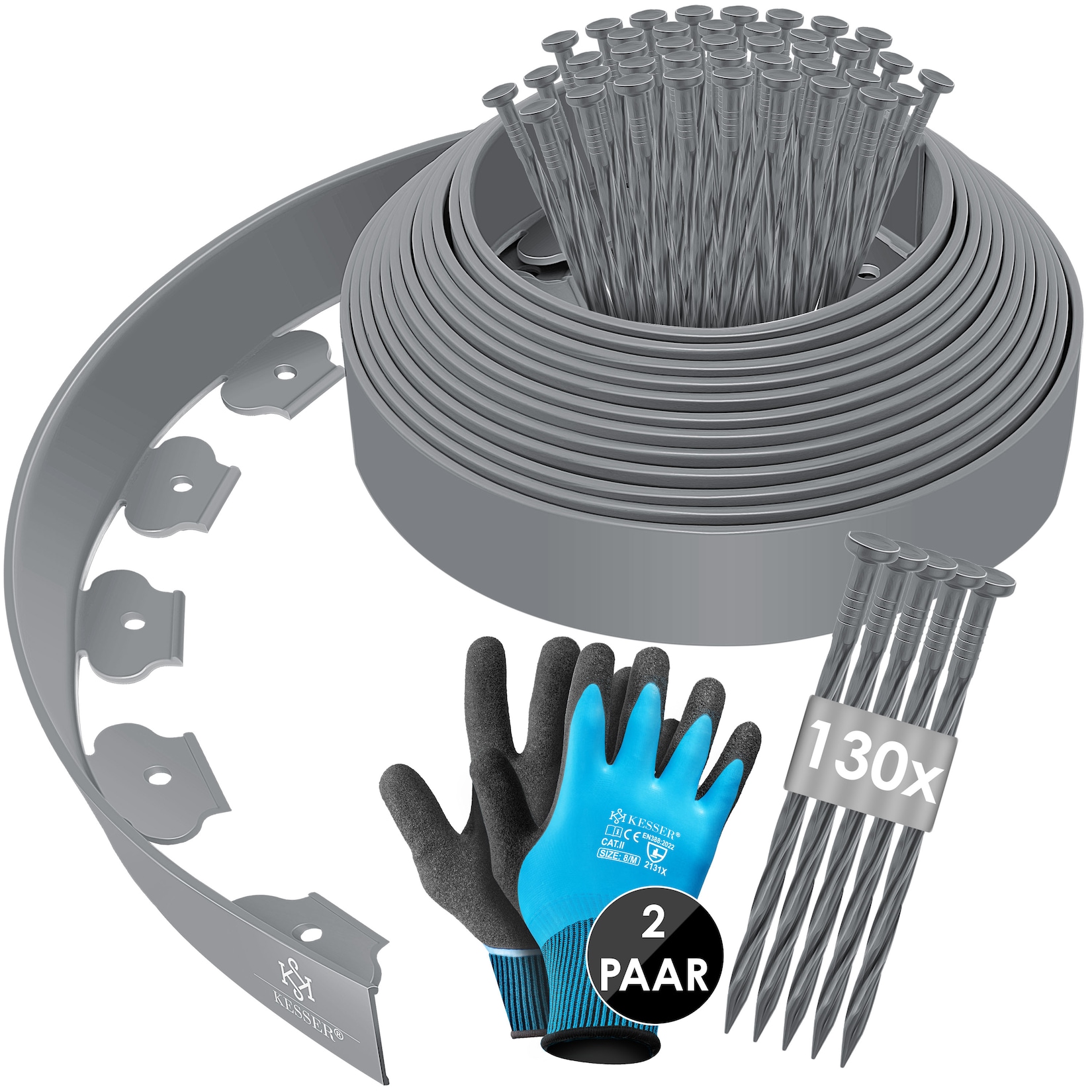 KESSER® Flexible Rasenkante aus Kunststoff mit Erdankern + Handschuhen Beeteinfassung Beetumrandung Beetbegrenzung Mähkante