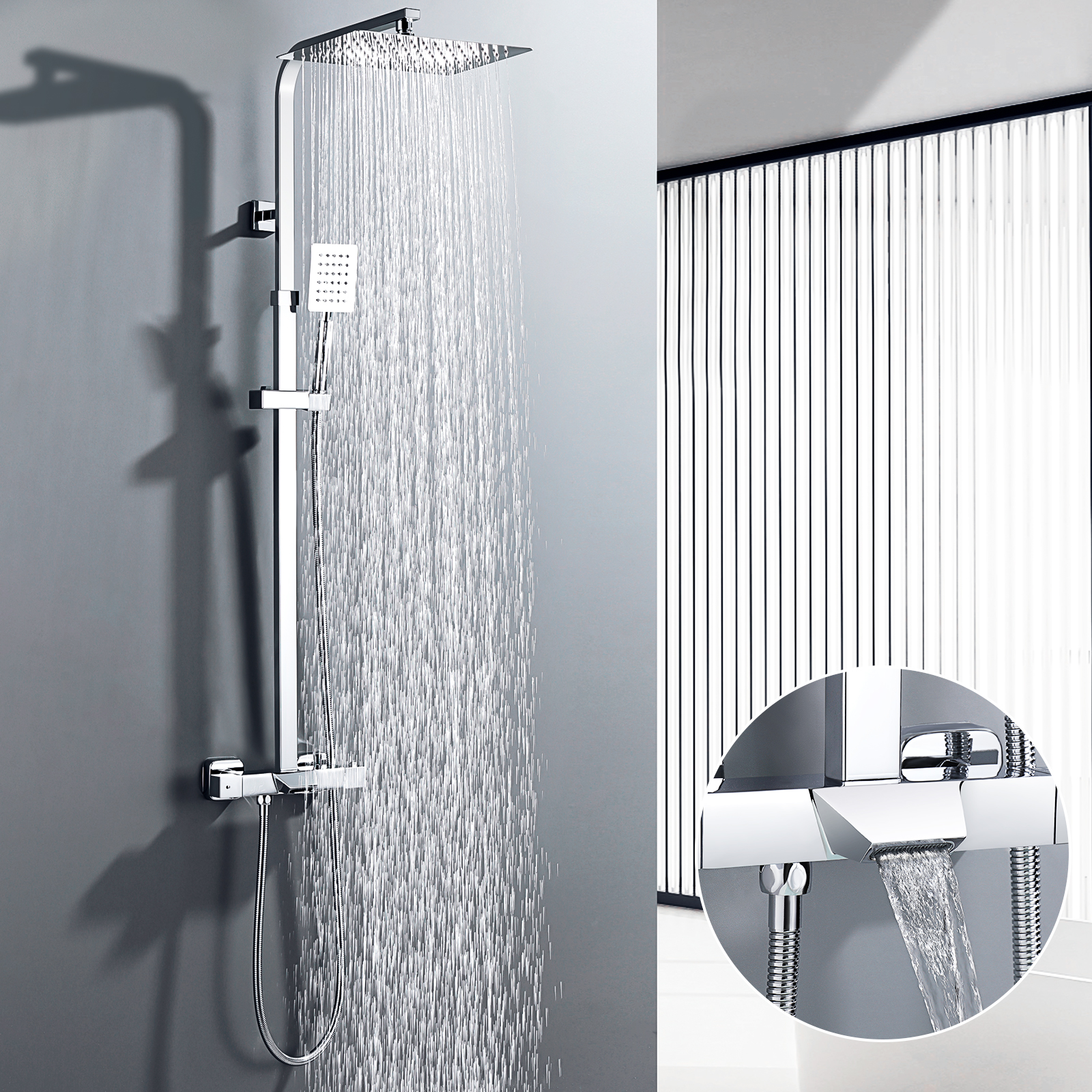 Auralum Duscharmatur Komplettset Mit Thermostat, Duscharmatur Aus Edelstahl Höhenverstellbar, Regendusche Mit Armatur Und Duschkopf Regendusche