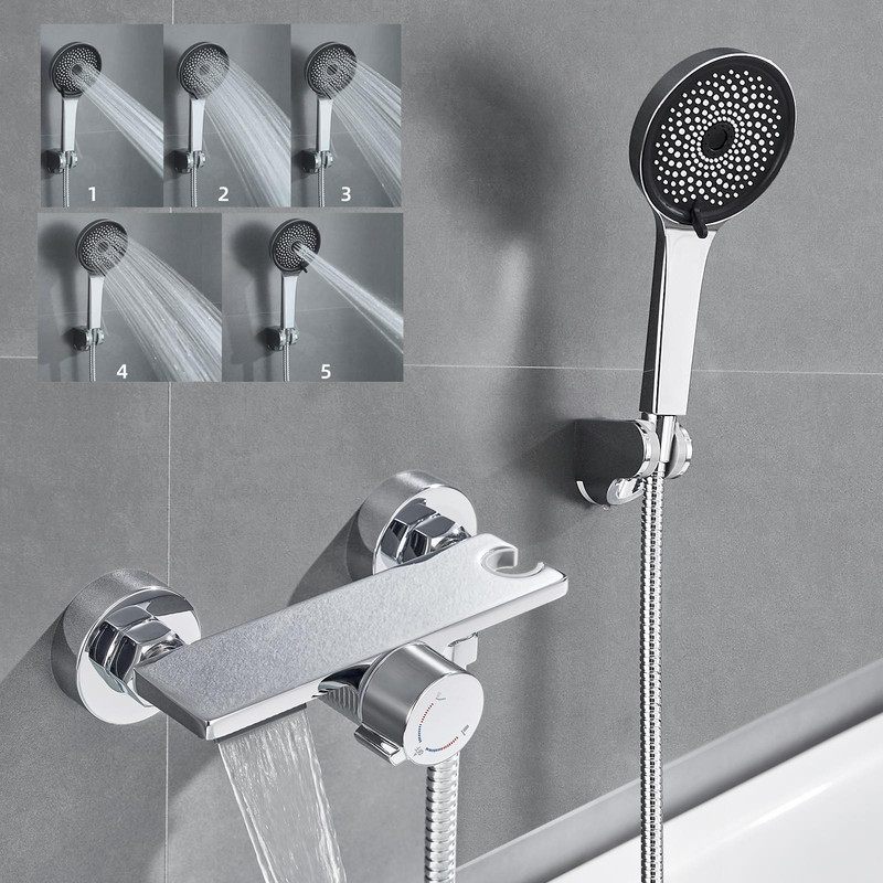 Auralum Max Badewannenarmatur Mit Duschbrause, Duscharmatur Komplettset Mit Ablage, Wasserfall Duscharmaturen, Edelstahl Schlauch Und Wand Halterung, Messing Mischbatterie Mit Handbrause Für Bad, Schw