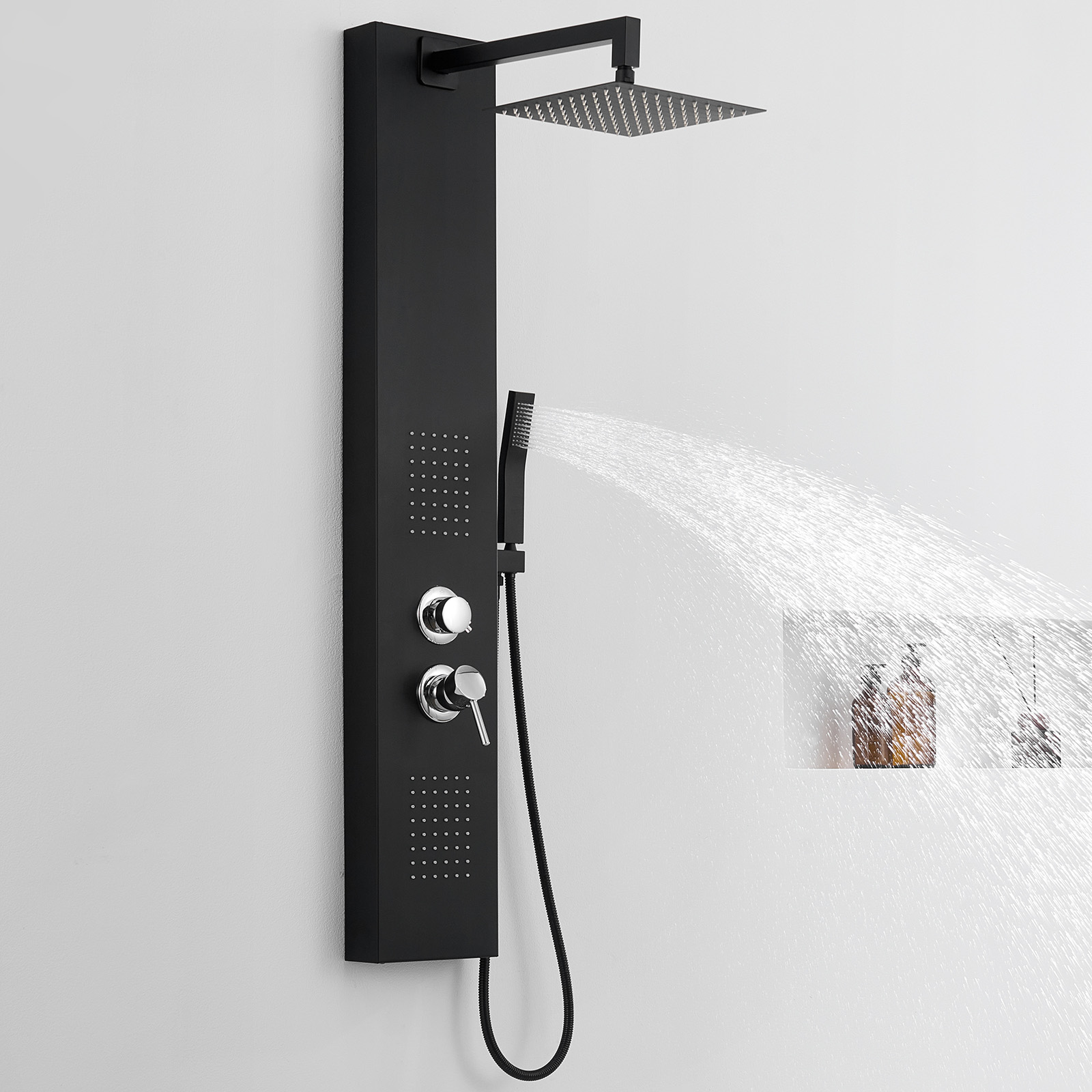 Auralum Max Panneau De Douche Hydromassant Noir, 4 Fonctions, Pommeau Pluie 25×25 Cm Inox 304, Douchette, Jets De Massage Dorsaux Et Latéraux, Répartiteur En Laiton