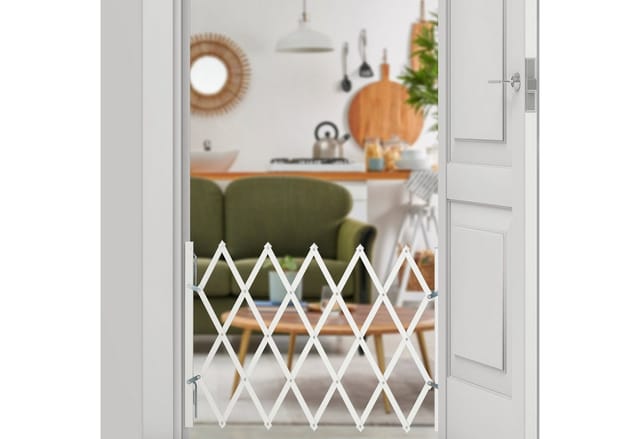 Relaxdays - Hundeabsperrgitter, ausziehbar bis 96 cm, 48,5-60 cm hoch, Bambus, Hunde Schutzgitter für Treppe & Tür, weiß