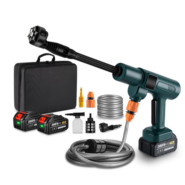 Bürstenlose 100-Bar-Autowaschwasserpistole, 6-in-1-Düsen, mit 2 Batterie Autoboden-Hochdruckreinigung, Gartenbewässerung