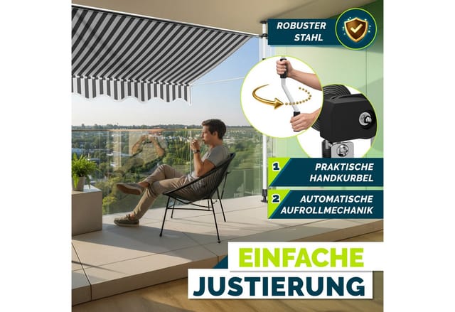 Balkonmarkise 300 cm Grau/Weiß Gelenkarm Markise Klemmmarkise Sonnenmarkise Balkon ohne Bohren - Tillvex