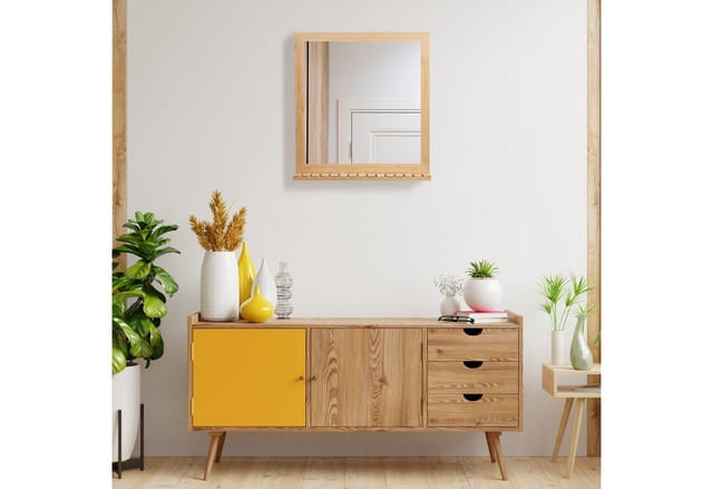 Wandspiegel mit Ablage, Bambus Rahmen, hbt 61,5x60x12 cm, Hängespiegel Badezimmer, Garderobe & Gäste-WC, natur - Relaxdays