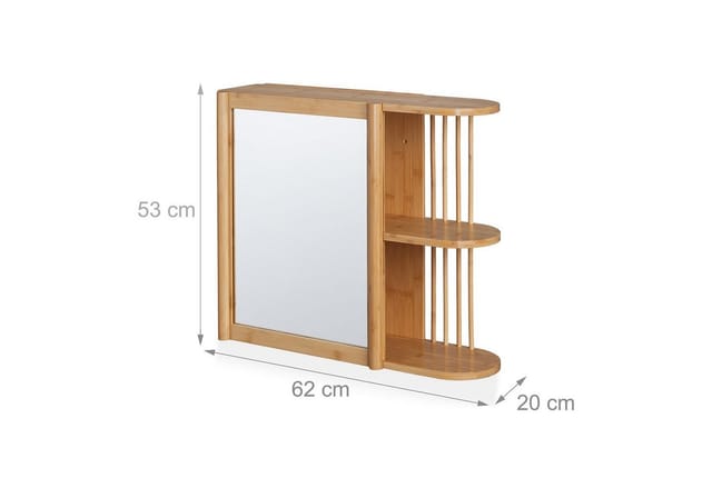 Relaxdays Wandregal mit Spiegel, Bambus, 2 halboffene Ablagen, 53x62x20 cm, Badezimmer, hängend, Spiegelschrank, natur