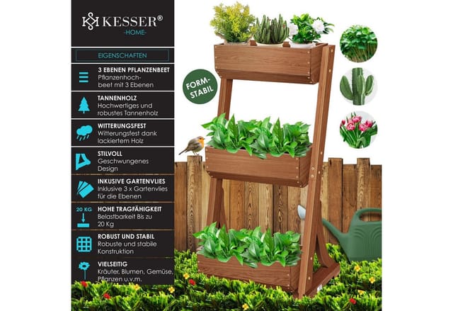 KESSER® Hochbeet mit Etagen Premium Blumenkasten Blumentreppe Pflanztreppe - Gemüsebeet Kräuterbeet Pflanzkübel Frühbeet Blumenbeet Pflanzkasten inkl. Gartenvlies- Beet für Terrasse Balkon & Garten